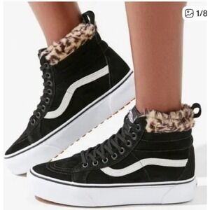 Vans Sk8-Hi Platform MTE Black Suede Leopard Faux Fur High Top Sneakers Womens 7